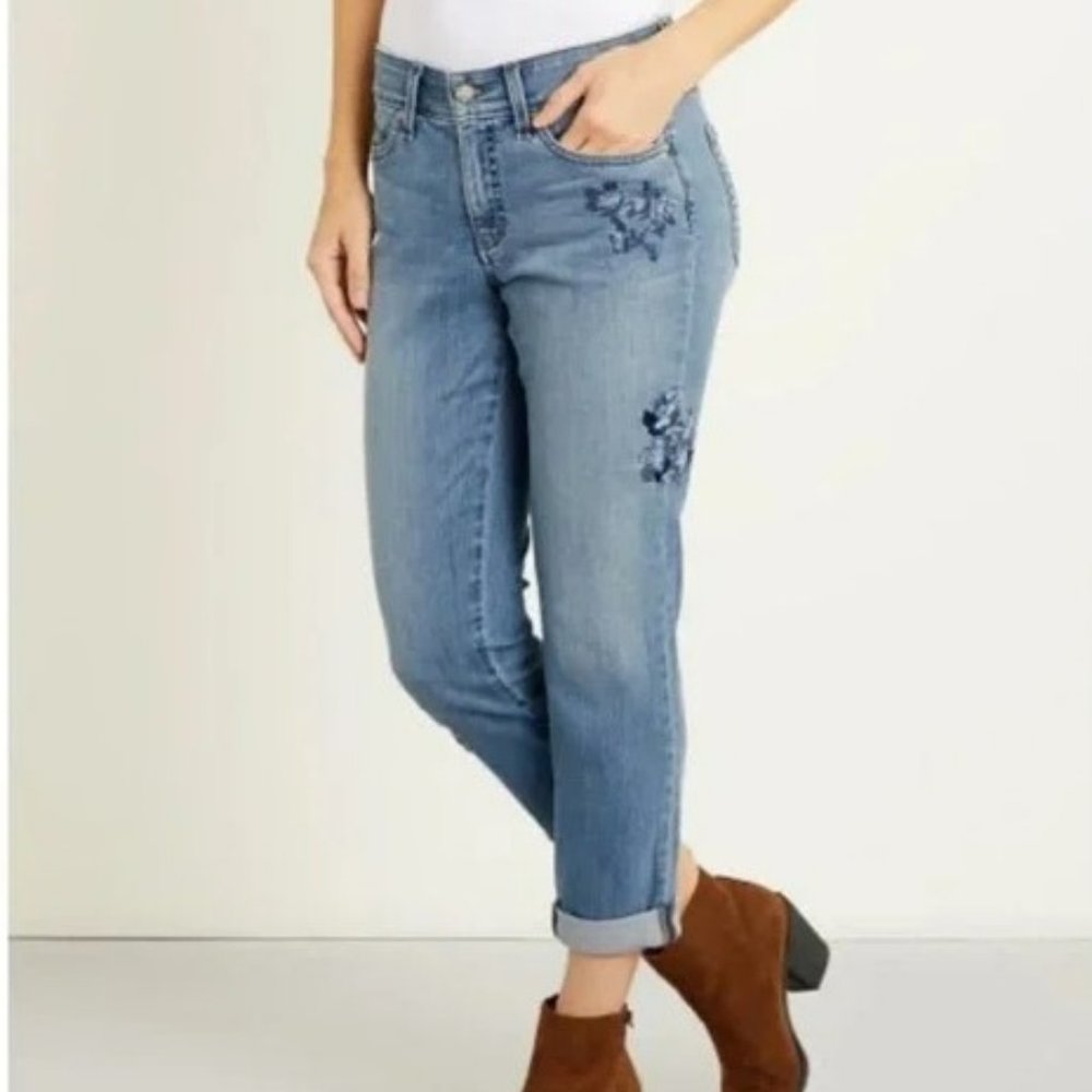 NYDJ Lift Tuck Boyfriend Mid Rise Medium Wash Floral Embroidered Jean